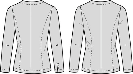 Cad drawing flat vector illustration of back view tailored jacket technical sketch, fashion design, garment pattern, apparel construction template