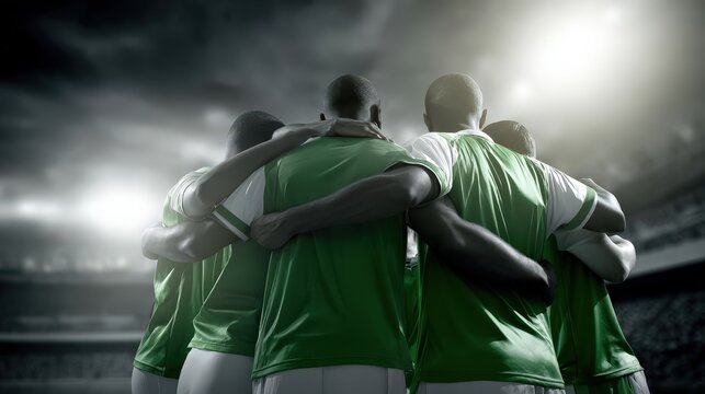 A group of soccer players wearing green jerseys embrace in a huddle on a stadium field under dramatic lighting.