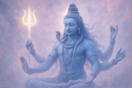 Hindu God Shiva Meditation Deity in Blue Statue Peaceful Spiritual Scene with Crescent Moon and Trident