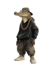 Stylish Crocodile Wearing Hoodie and Gold Chain, Transparent Background