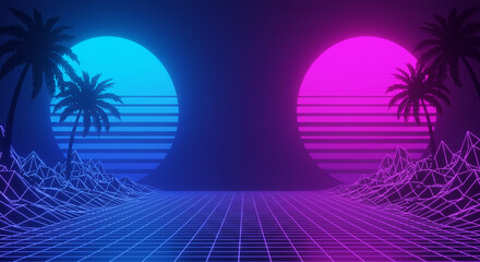 Escape to a vibrant retro world with neon sunsets and digital palms in a mesmerizing 80s landscape