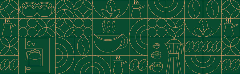 Geometric coffee pattern in minimalist style. Geometric line drawing. Abstract print background with simple shapes for coffee shop, food packaging, cafe wall, menu.