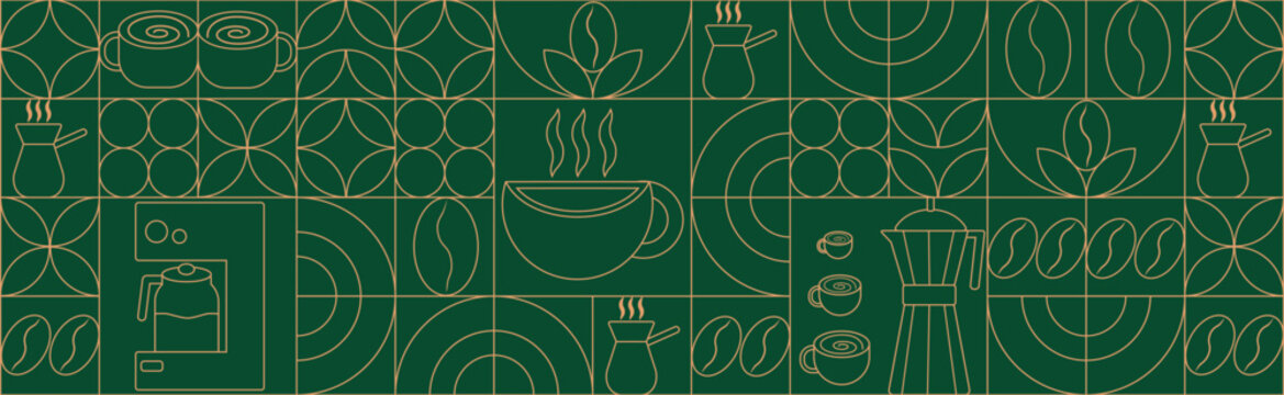 Geometric coffee pattern in minimalist bauhaus style. Geometric line drawing. Abstract print background with simple shapes for coffee shop, food packaging, cafe wall, menu.