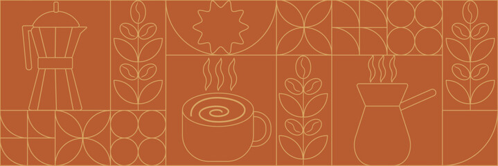 Geometric coffee pattern in minimalist style. Geometric line drawing. Abstract print background with simple shapes for coffee shop, food packaging, cafe wall, menu.