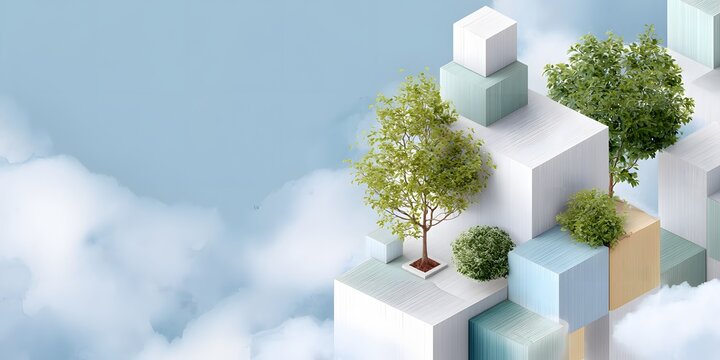 Trees grow atop geometric shapes in a stylized cityscape suggesting a city of tomorrow with sustainable technology and a balanced relationship with nature.