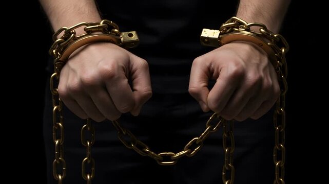 Hands restrained by chains and handcuffs