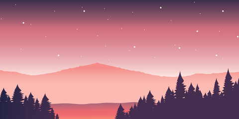 A landscape with silhouettes of a pine forest in the foreground, mountain ranges in the distance, and a pink sky, all under a starry sky.