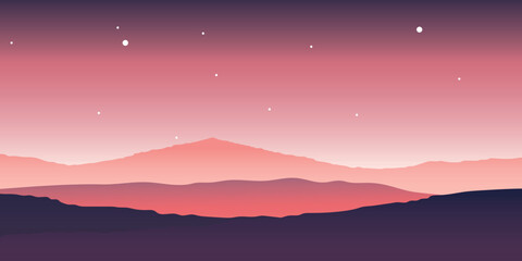 an image with silhouettes of mountain ranges in the foreground and a pink sky with stars, reminiscent of sunset or dawn.