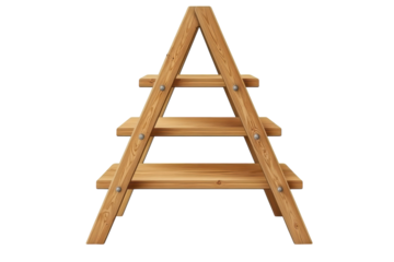 Showcase wooden ladder display shelves in a rustic country store setting with a simple A frame on transparent background