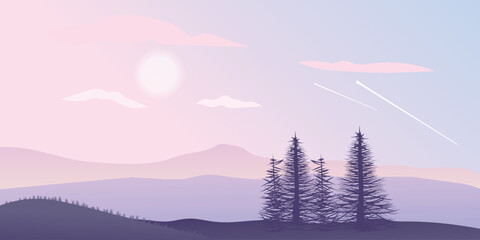 A landscape with silhouettes of mountains against a pink and blue sky with the setting or rising sun. There are three trees in the foreground and clouds in the sky