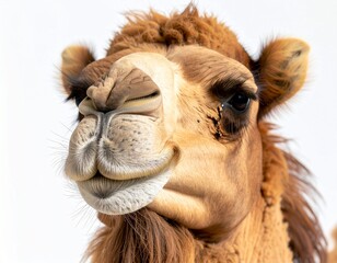 "Close-up cinematic shot of a camel's expressive face on a clean white backdrop. Utilize a color palette of muted golds, sand, and earthy browns to complement its features. Highly detailed fur texture