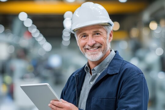 A smiling middle-aged man in a white hard hat and blue jacket holds a tablet in an industrial setting with blurred background lights.