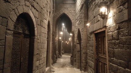 Dark Medieval Alleyway with Stone Walls and Warm Lighting