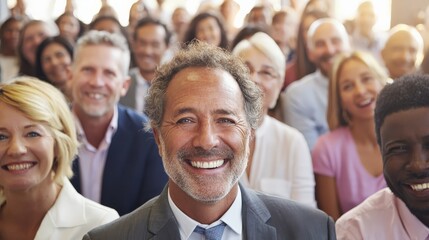 Fototapeta premium A diverse group of professionals smiling warmly, with a middle-aged man in front wearing a suit and tie, suggesting a positive, collaborative business environment.
