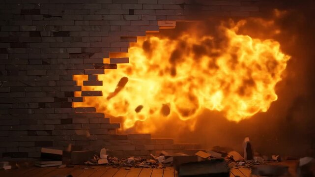 Intense fire explosion destroying brick wall