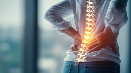 A person holds their lower back in pain, with a glowing digital spine overlay highlighting discomfort or injury.