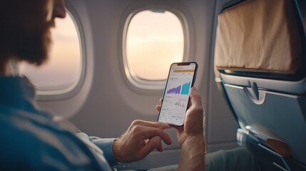 A person on an airplane is using a smartphone to analyze financial graphs and data during the flight.