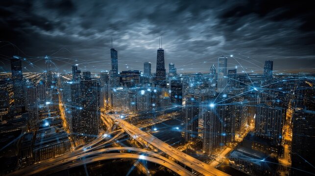 A futuristic cityscape at night showcasing illuminated skyscrapers connected by digital network lines under a moody, cloudy sky.