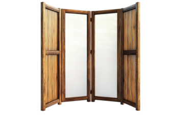 An aged wooden folding screen with translucent panels stands partially open inviting curiosity on transparent background