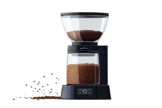 Witnessing the magic of freshly ground coffee cascading within a sleek grinder promising on transparent background