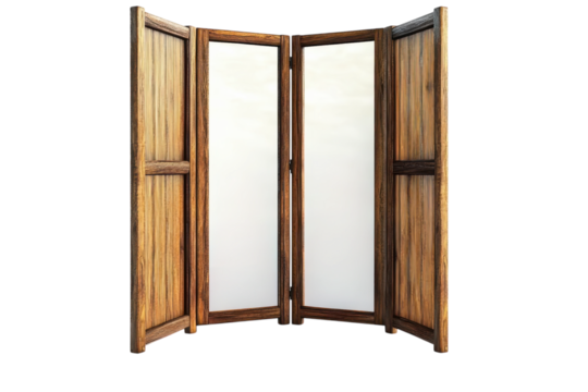 An aged wooden folding screen with translucent panels stands partially open inviting curiosity on transparent background - Powered by Adobe