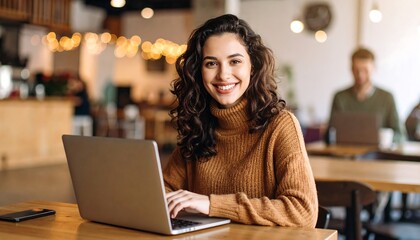 Woman working on laptop in cafe