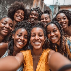 Fototapeta premium A joyful group of eight young Black women smiling and taking a close-up selfie outdoors, radiating happiness and friendship.