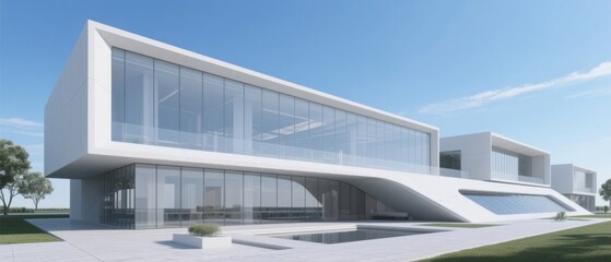 Modern glass and concrete building with sleek design under a clear blue sky