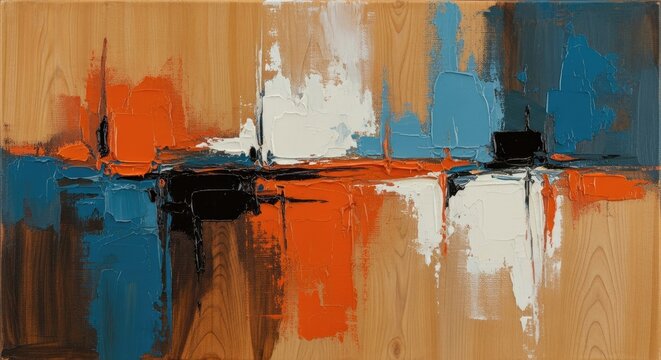 Abstract painting with thick brush strokes on wood