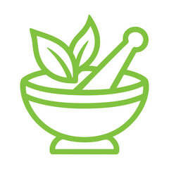 Green Herbal Medicine Icon with Mortar and Pestle and Leaves, Symbol of Natural Remedies and Alternative Healing