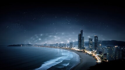 A nighttime coastal cityscape with illuminated skyscrapers along a curving beach, connected by a digital network overlay under a starry sky.