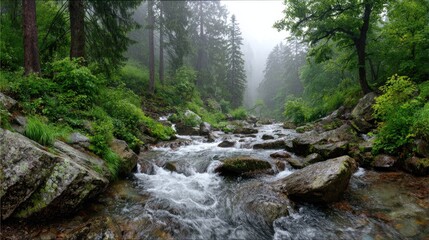 Mountain river rushing over rocks in a green forest with splashing water and mist