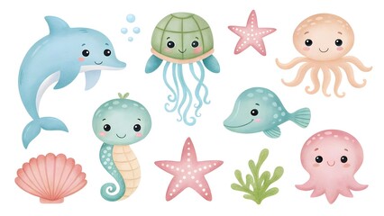 Cute watercolor sea creatures dolphin seahorse octopus starfish and shell