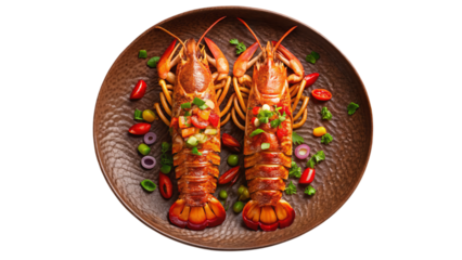 Delicious crawfish seafood dish with fresh vegetables on a plate for restaurant menu design use on transparent background