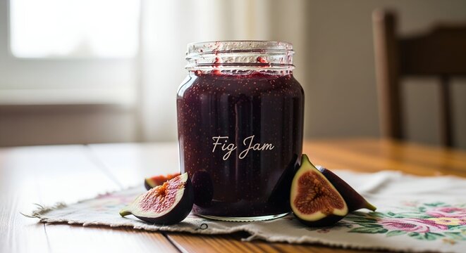  closeup view of red delicious sugared fig jam glass jar on the table