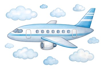 Fototapeta premium Blue and white airplane flying through fluffy clouds in the sky