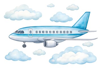 Watercolor airplane flying through fluffy white clouds in a blue sky