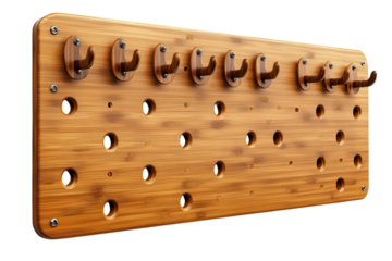 An expertly crafted oak pegboard displaying clean minimalist design useful for storage of all on transparent background