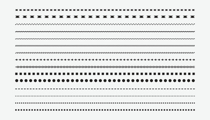 Dashed line collection  group of seamless patterns. different types of dashed lines. Isolated black dashed line set collection against a white backdrop. collection of lines for notebook pages