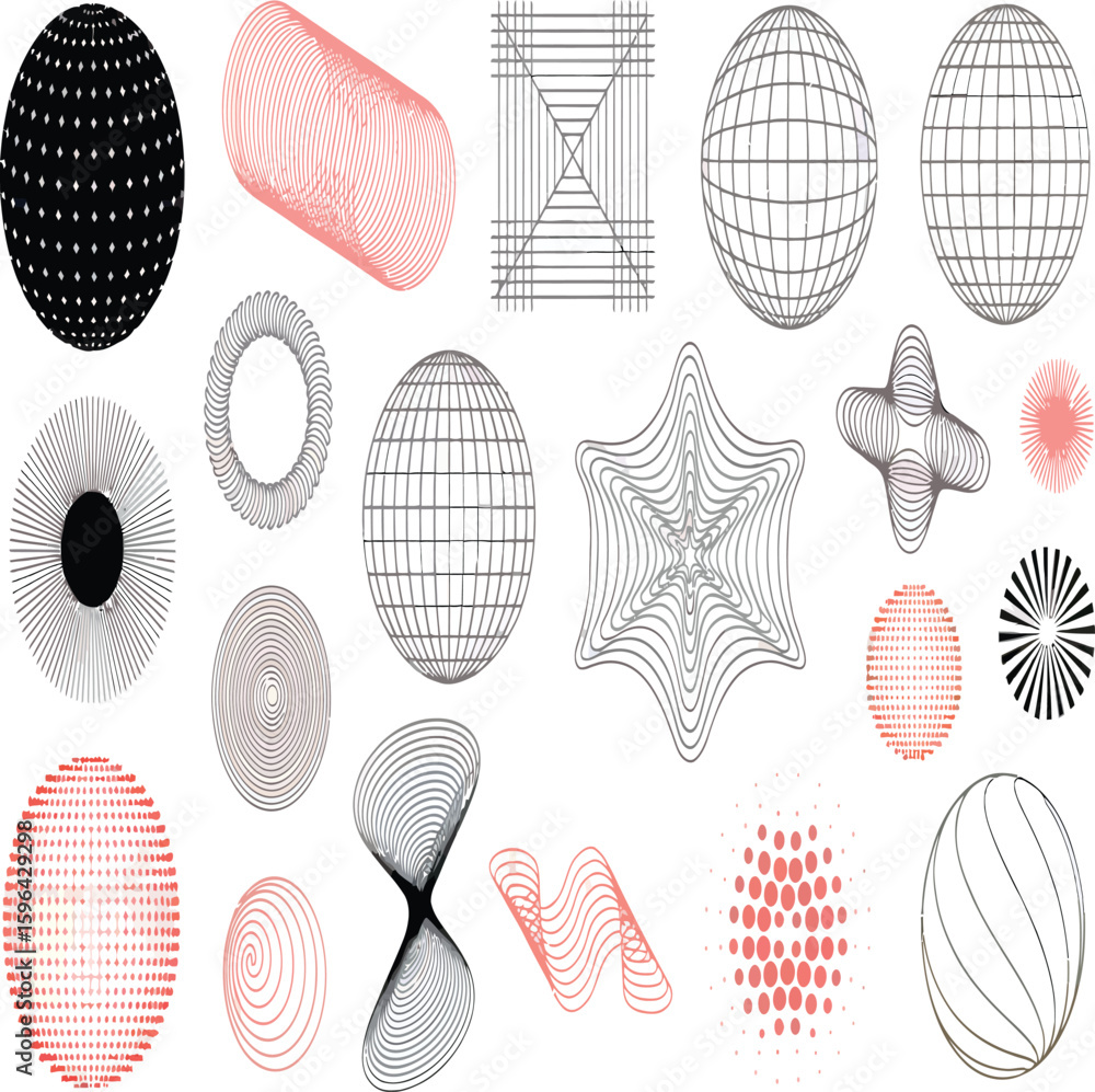Poster collection of geometric shapes, including spheres, lines, and curve,s with varying patterns and styl