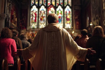 Naklejka premium Colorful light and unity: a priest and congregation in a vibrant church setting. Holy inspiration. Embracing faith and renewal in the pncc church on a day of celebration. Sacrament day.
