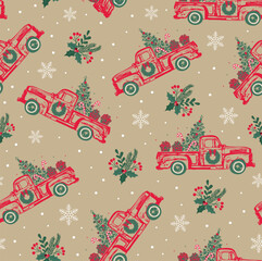 Seamless Pattern of Christmas Vintage Red Truck, Christmas Tree, Snowflakes, with Gifts and Candy cane. Christmas Holly Leaves-  Christmas Red truck Vector Illustration
