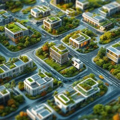 Aerial view of a sustainable city with green roofs