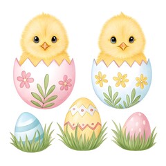 Cute watercolor chicks hatching from decorated easter eggs in grass