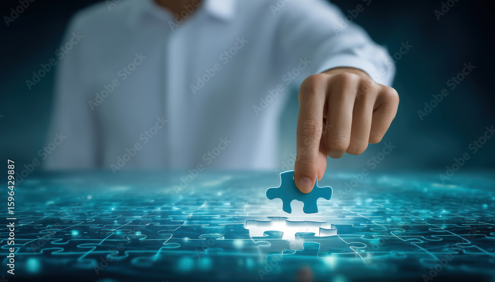 Poster person placing final puzzle piece on glowing digital puzzle symbolizing problem solving and 401k pla