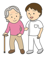 リハビリをする杖をついたシニア女性と腕を支える男性理学療法士