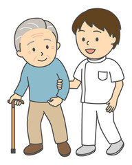 リハビリをする杖をついたシニア男性と腕を支える男性理学療法士