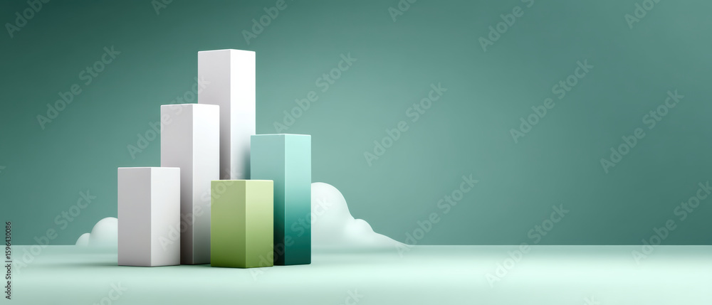 Poster modern abstract 3d bar chart with green and white blocks on soft teal background showing financial g