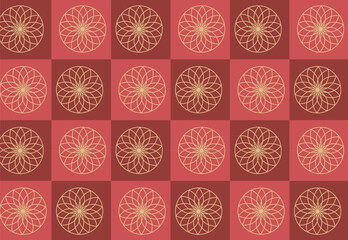 Seamless Chinese-inspired tile pattern featuring sun-like mandala symbols in red, gold, and white. A cultural geometric design ideal for decor, textiles, or festive backgrounds.