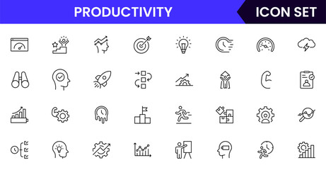 Productivity vector web line icon collection, sleek illustrations of tasks, clocks, calendars, efficiency tools for streamlined, effective designs.